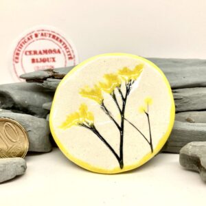 Broche en céramique collection végétale, pièces uniques, acier inoxydable blanc pur et jaune citron